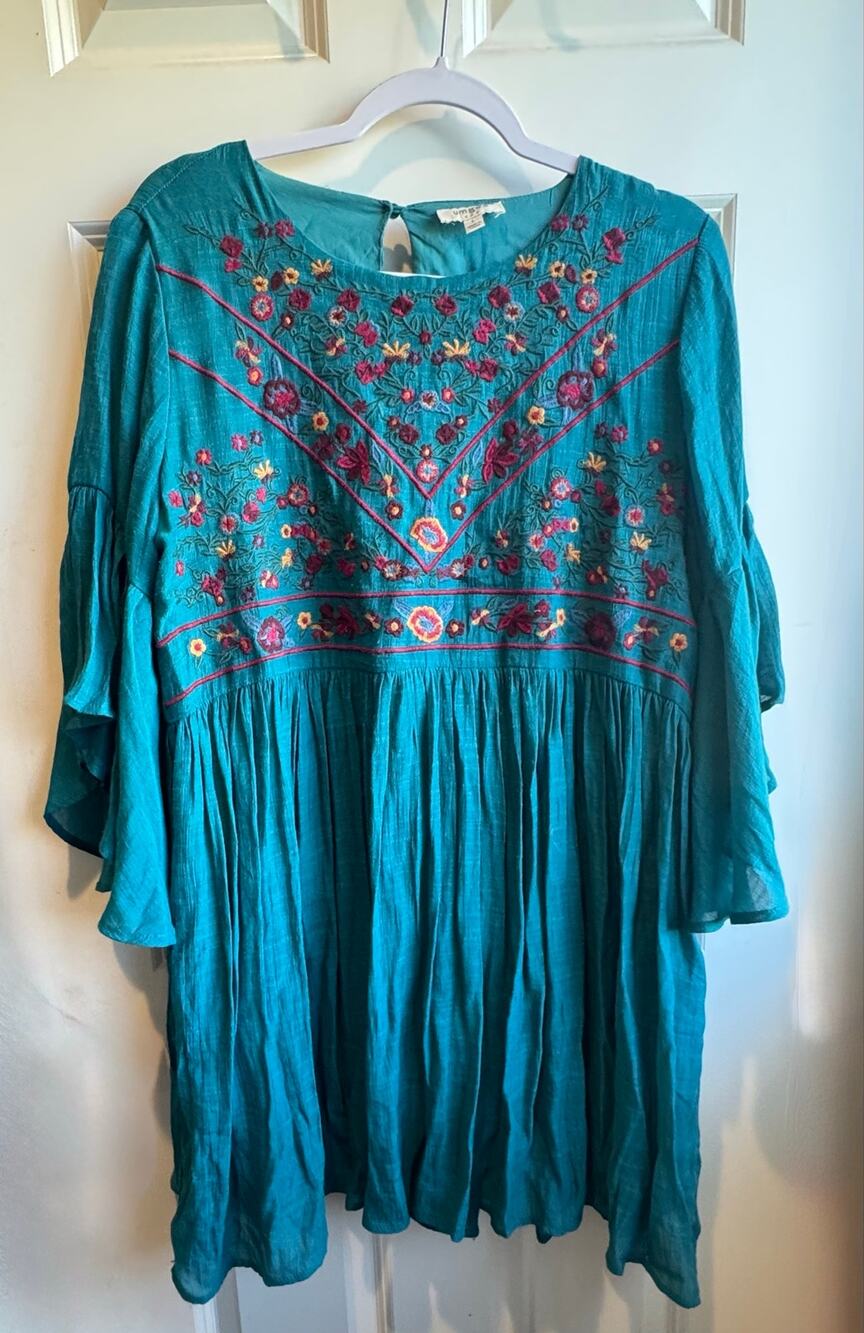 Umgee Boho Embroidered Bell Sleeve Tunic Dress Top Teal Size Large